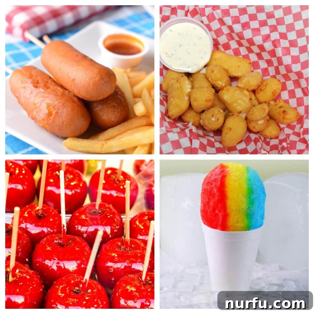 Taste of the Midway: 30 Unforgettable Carnival Treats 2 Corn dogs, candy apples, fried cheese, and snow cones. A variety of delicious carnival food recipes you can make at home.