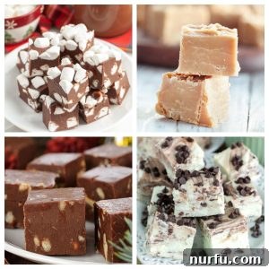 Plate of marshmallow fudge, peanut butter fudge, mint fudge, and chocolate fudge.