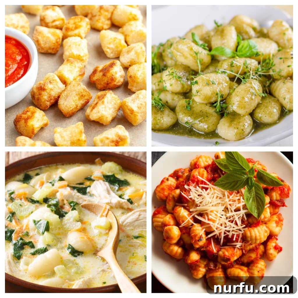 Effortless Gnocchi: 32 Simple Dishes 2 Gnocchi in pesto sauce, marinara, and gnocchi soup.