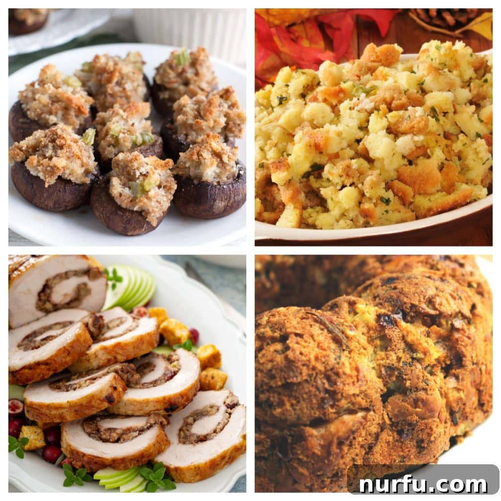 Stove Top Stuffing Reimagined: 25 Delicious Recipes 2 A collage featuring savory stuffed mushrooms, a hearty stuffing casserole, and a perfectly stuffed pork loin, showcasing the versatility of Stove Top stuffing in various delicious dishes.