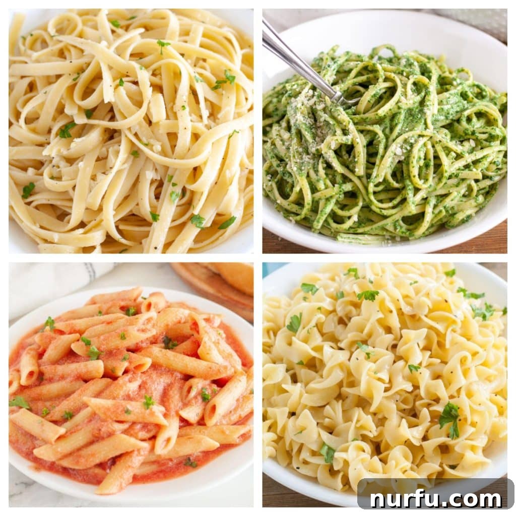 30 Essential Sides to Elevate Your Pasta Dinner 2 Four bowls of pasta side dishes, showcasing a variety of shapes and sauces.