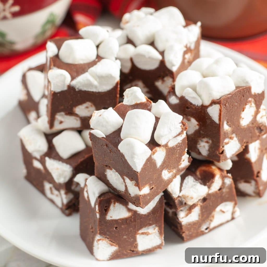 Plate of hot chocolate fudge with mini marshmallows, ready to be served or gifted.