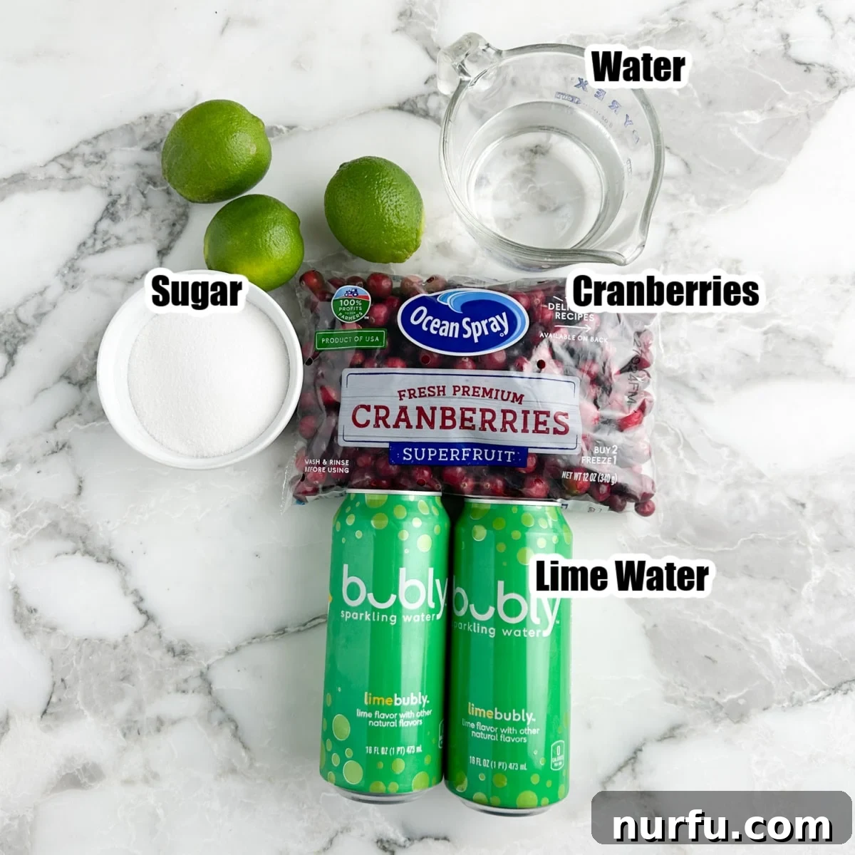 Crimson Citrus Sparkle 3 Cans of sparkling water, bowl of sugar, cranberries, and water.