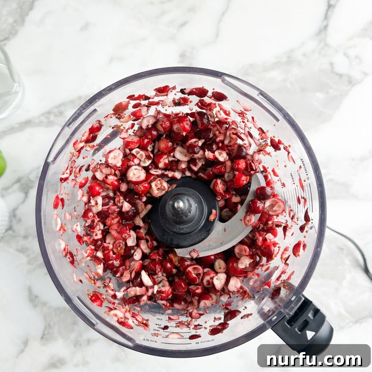 Crimson Citrus Sparkle 4 Chopped cranberries in a food processor.