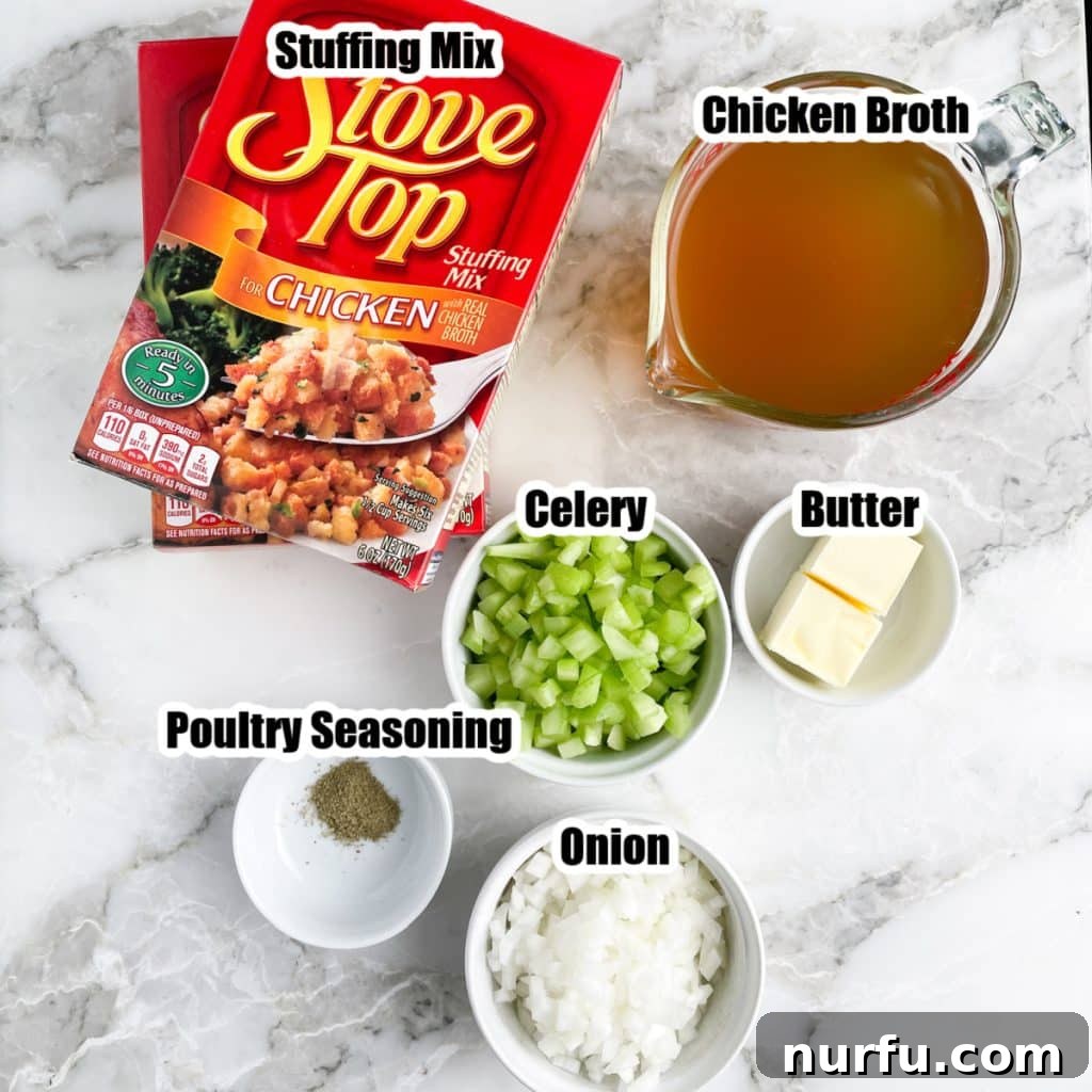 Crispy Oven Baked Stove Top Stuffing 3 A collection of ingredients for stove top stuffing including a box of stuffing mix, a bowl of chicken broth, diced celery, diced onion, a jar of seasoning, and a stick of butter.