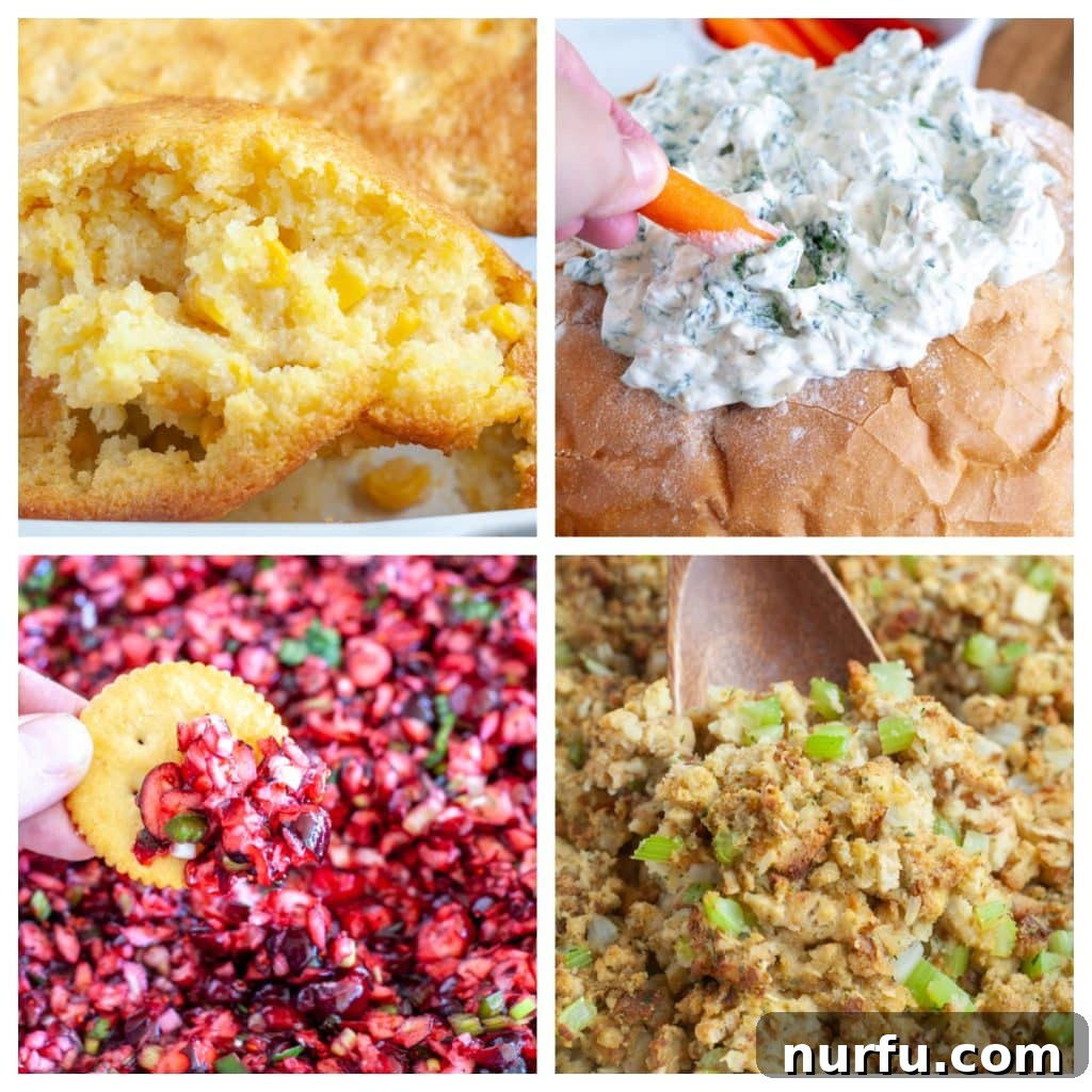 The Ultimate Friendsgiving Potluck Spread 2 A vibrant Friendsgiving spread featuring cornbread, creamy spinach dip, zesty cranberry dip, and classic stuffing, perfect for your holiday menu.