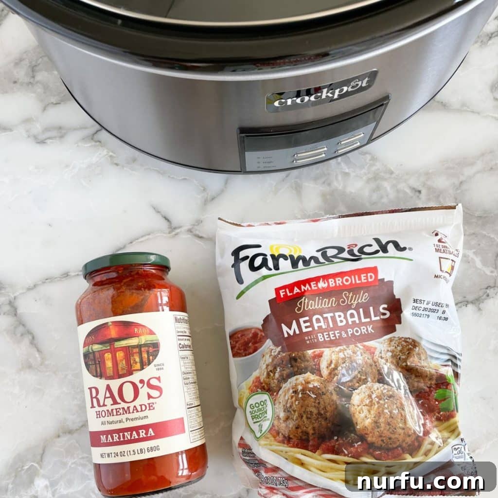 Crockpot Frozen Meatballs: Your Guide to Perfect Timing 3 Crockpot, jar of tomato sauce, and bag of frozen meatballs.