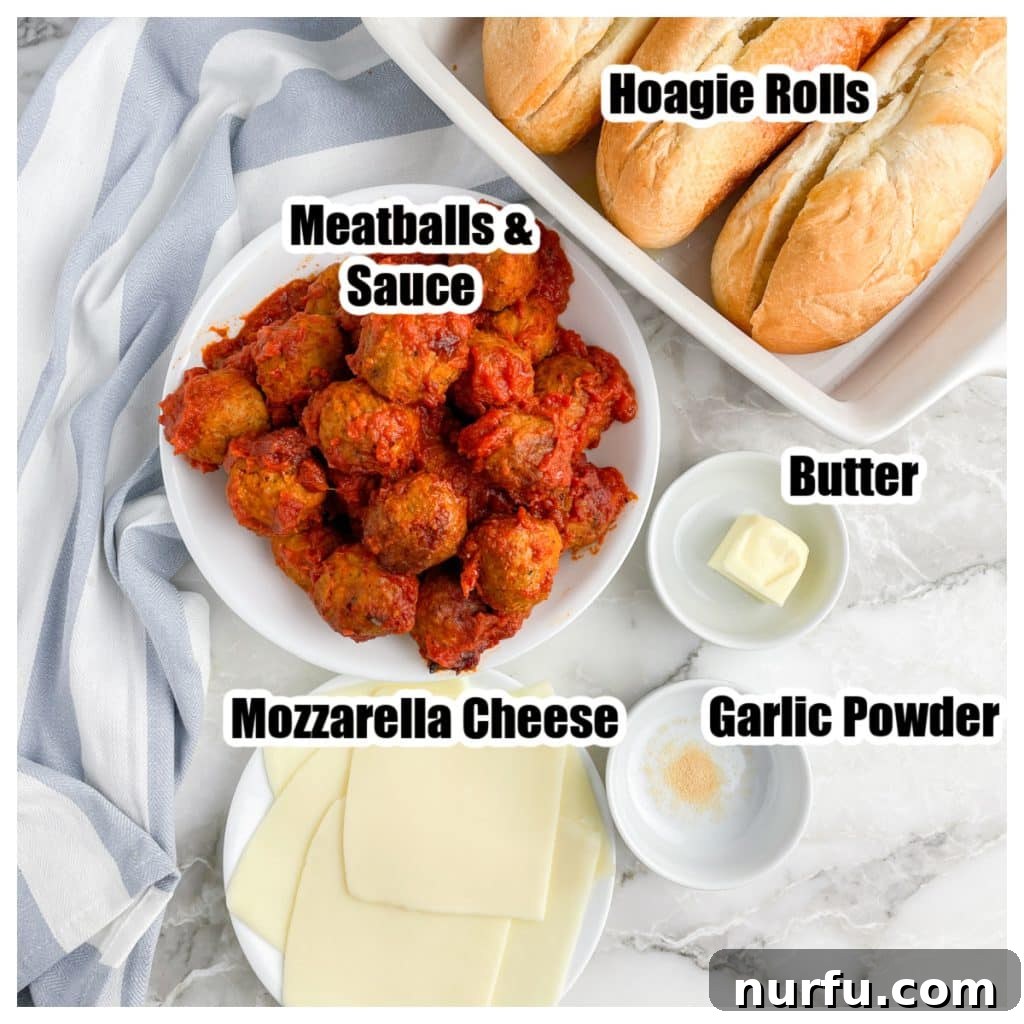 Bowl of meatballs and sauce, bread rolls, plate of mozzarella cheese, and bowl of butter.