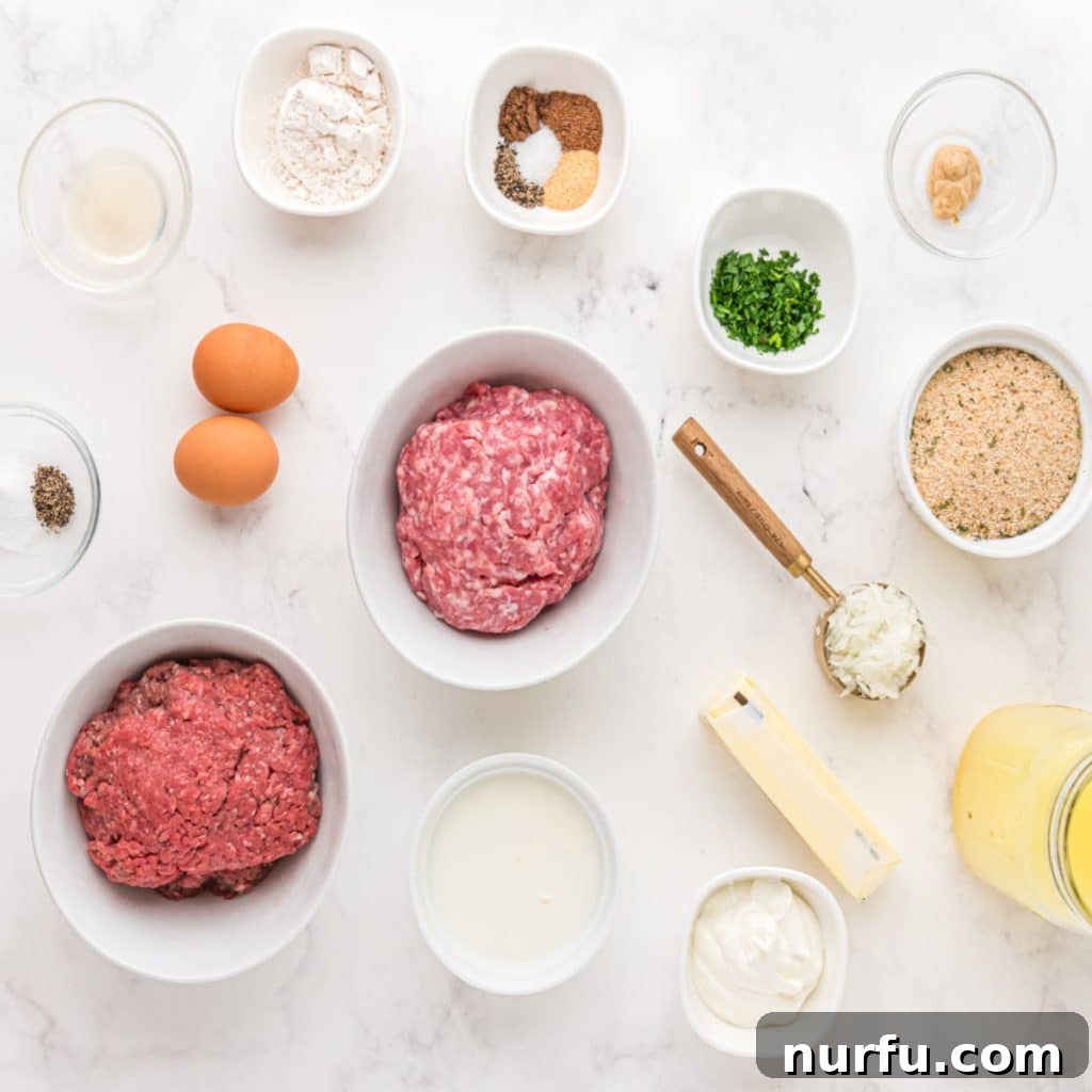 Irresistible Swedish Meatballs 3 Bowls of ground beef and pork, seasoning, eggs, breadcrumbs, milk, butter, and diced onions for Swedish meatballs.