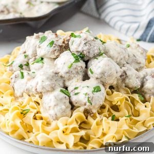 Bowl with egg noodles and Swedish meatballs, served in a classic style.