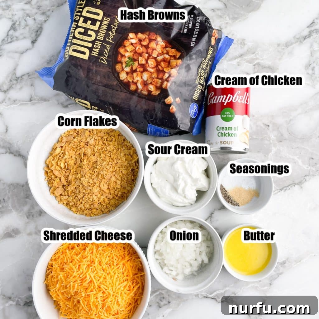 Flavorful Fiesta Spuds 3 Bag of frozen hash browns, bowl of cheese, corn flakes, sour cream, onion, can of soup, and seasonings.