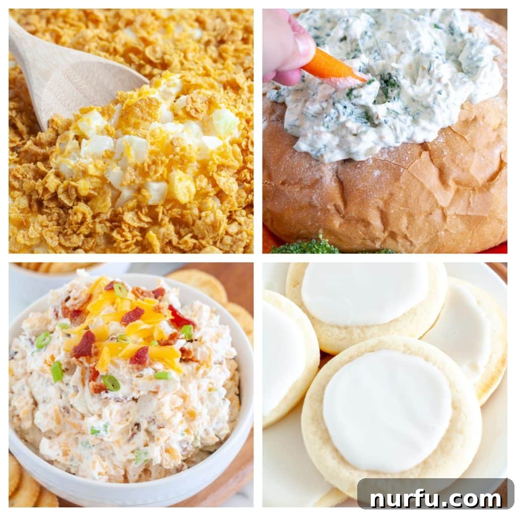 27 Irresistible Sour Cream Recipes 2 A collage featuring cheesy potatoes, a bread bowl with spinach dip, and sugar cookies with frosting, all highlighting the diverse uses of sour cream.