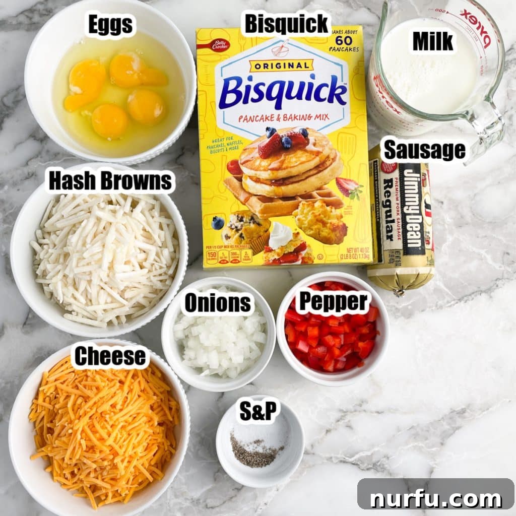 Golden Bisquick Breakfast Delight 3 A vibrant collection of Bisquick breakfast casserole ingredients: bowls of eggs, shredded cheese, frozen hash browns, diced peppers, cooked sausage, alongside a box of Bisquick mix.