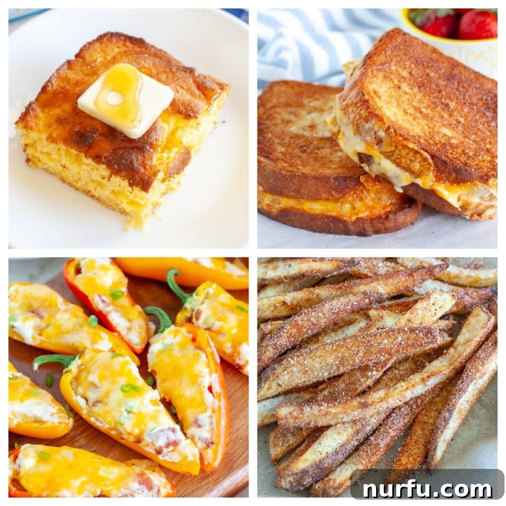 Çili Yanına Ne Yakışır En İyi 27 Eşlikçi Lezzet 2 A vibrant spread featuring a piece of golden cornbread, a gooey grilled cheese sandwich, colorful stuffed peppers, and crispy french fries, all perfectly complementing a warm bowl of chili.