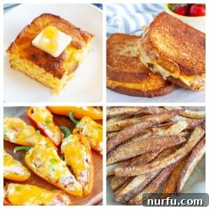 Çili Yanına Ne Yakışır En İyi 27 Eşlikçi Lezzet 22 A vibrant spread featuring a piece of golden cornbread, a gooey grilled cheese sandwich, colorful stuffed peppers, and crispy french fries, all perfectly complementing a warm bowl of chili.