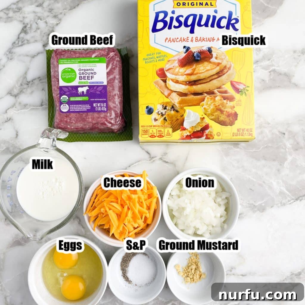 Arrangement of fresh ingredients: ground beef, Bisquick mix, a bowl of shredded cheddar cheese, a whole onion, milk, eggs, and various seasonings, all ready for the Bisquick Cheeseburger Pie.