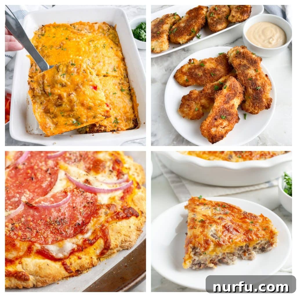 27 Irresistible Bisquick Creations 2 Breakfast casserole, crispy chicken tenders, homemade pizza, and a slice of savory quiche on a plate, showcasing the versatility of Bisquick mix.