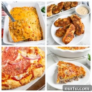 Breakfast casserole, chicken tenders, pizza, and piece of quiche on plate, representing various Bisquick recipes.