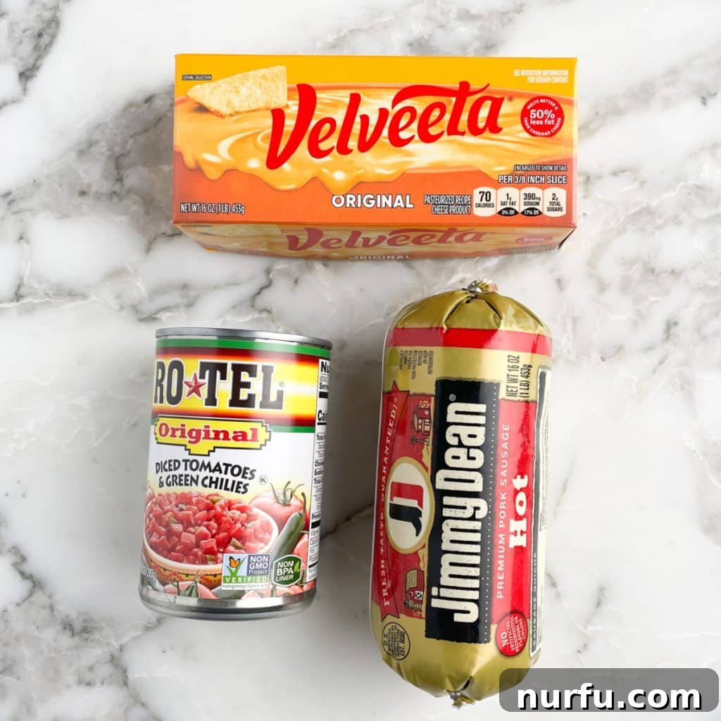 Creamy Velveeta Sausage Dip 3 Box of Velveeta, can Rotel, roll of sausage.