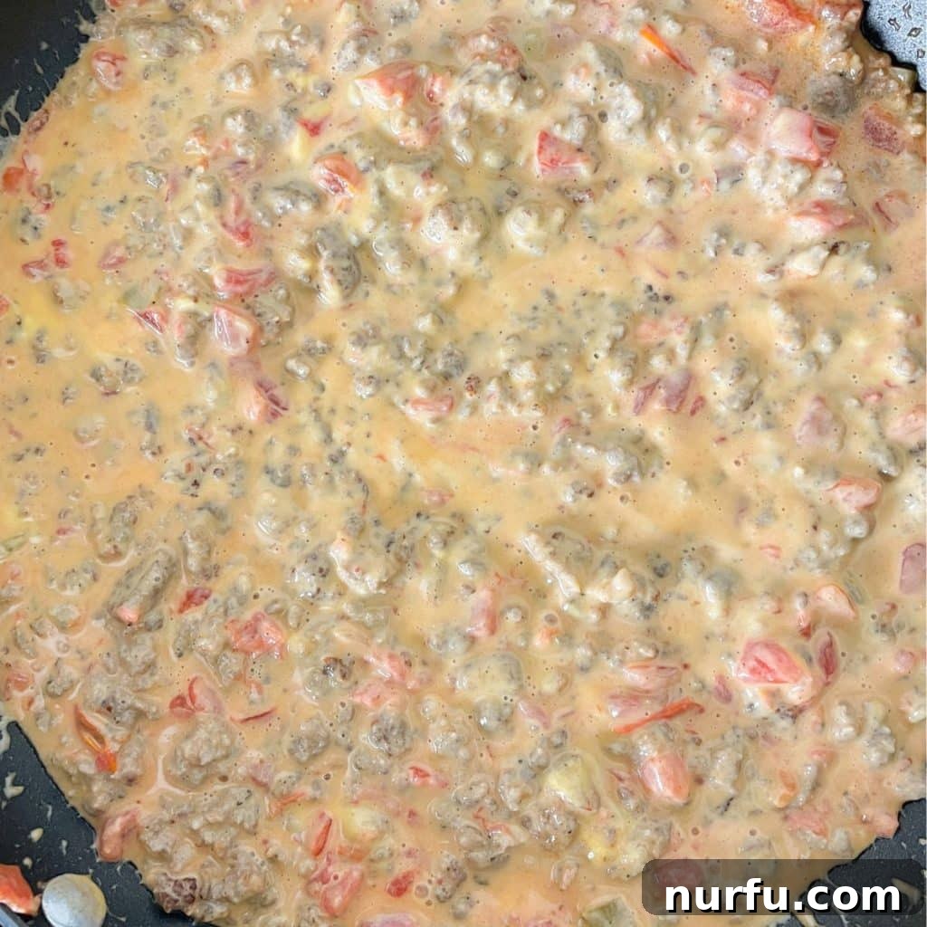 Creamy Velveeta Sausage Dip 6 Skillet with cheese and sausage dip.