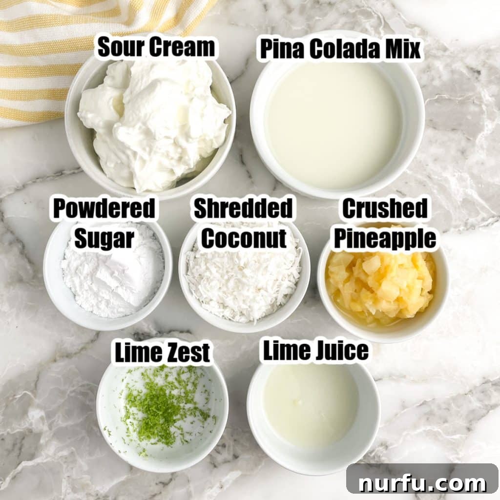 Bowl of sour cream, pina colada mix, sugar, pineapple, and lime juice.