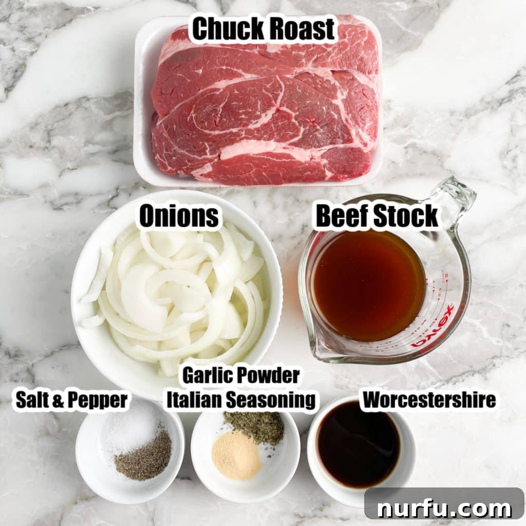 Melt-in-Your-Mouth Slow Cooker Beef 3 Close-up of fresh ingredients: a raw chuck roast, a bowl of thinly sliced yellow onions, a small bowl of mixed Italian seasoning, garlic powder, salt, and pepper, and two liquids - beef stock and Worcestershire sauce.