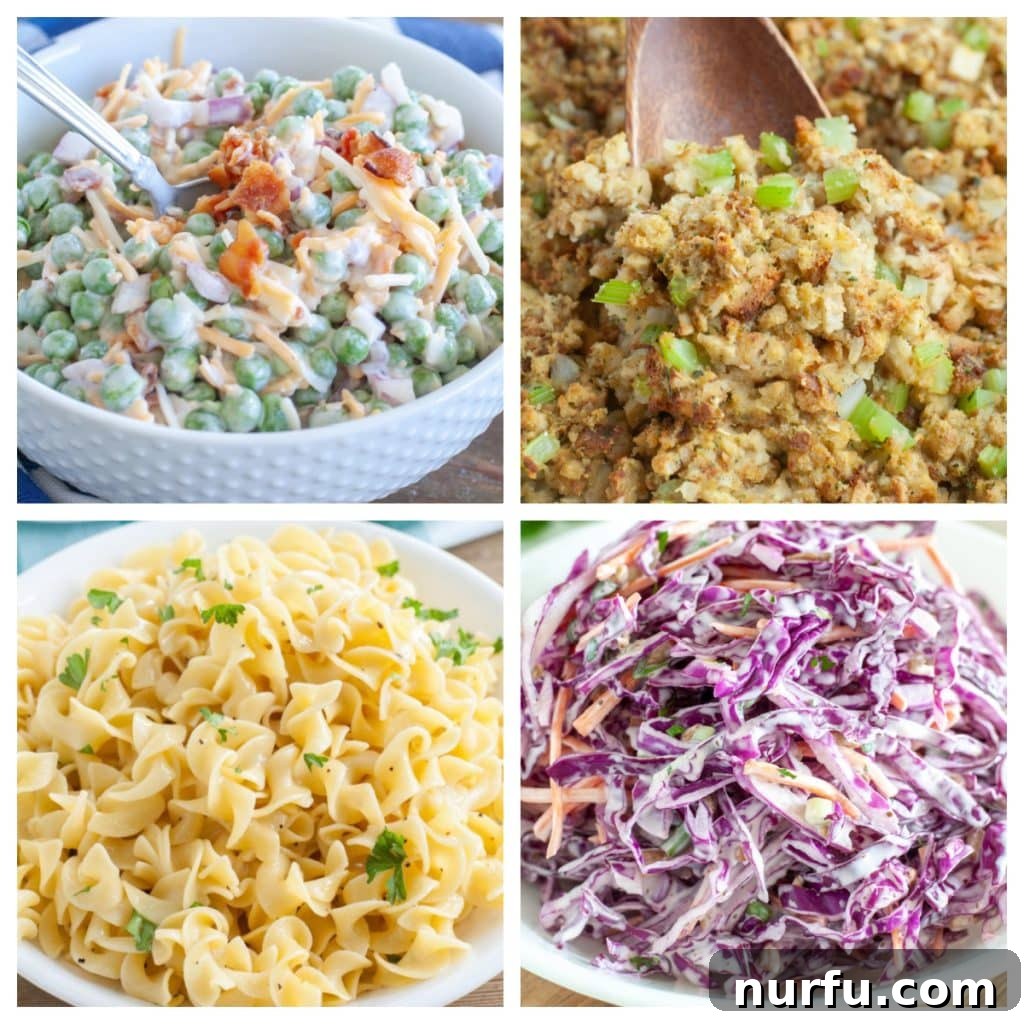 38 Delicious Side Dishes for Ham 2 A collage of delicious ham side dishes including pea salad, stuffing, buttered noodles, and purple cabbage slaw, ready to complete any meal.