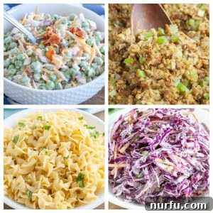 Pea salad, stuffing, bowl of noodles, purple cabbage slaw.