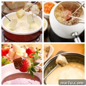 Cheese fondue with bread, chocolate strawberry fondue, steak fondue.