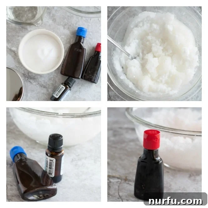 Close-up collage showing the process of mixing ingredients for the peppermint sugar scrub, from individual components to the finished product in a jar.