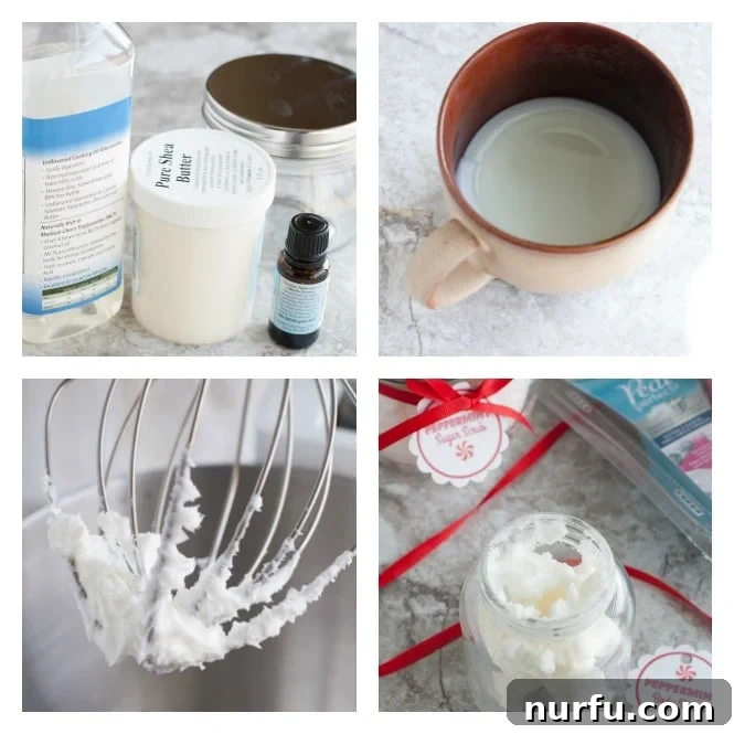 Close-up collage showing the smooth, whipped texture of the finished peppermint body butter, ready to be used or gifted.