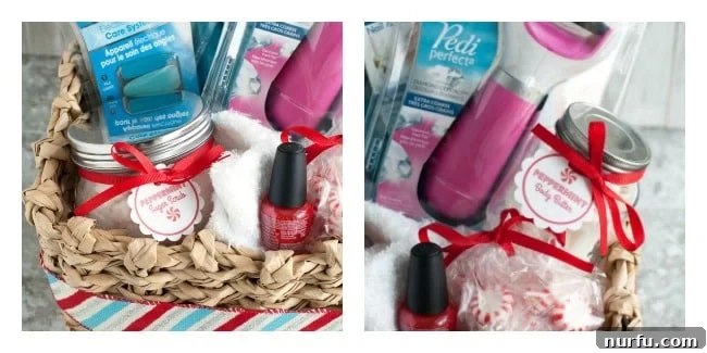 A selection of festive, ribbon-adorned jars containing homemade sugar scrub and body butter, showcasing attractive packaging ideas for holiday gifts.