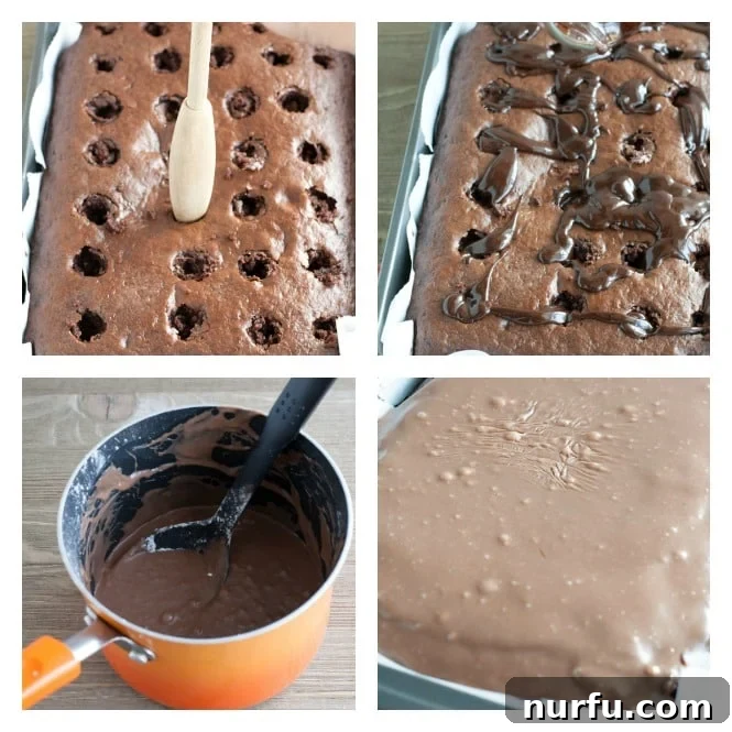 Hot Chocolate Poke Cake makes a great Holiday dessert Chocolate cake with fudge poured into holes