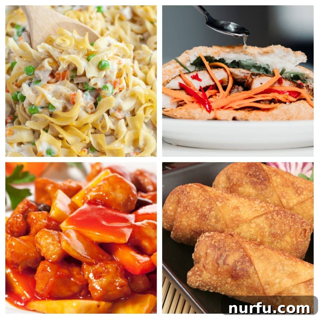 Pork Tenderloin Encore: 24 Leftover Recipes 2 A vibrant collage showing various dishes made from leftover pork tenderloin: pork noodles, a hearty pork sandwich, sweet and sour pork, and crispy egg rolls.