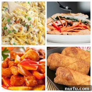 Pork noodles, pork sandwich, sweet and sour pork, and egg rolls.