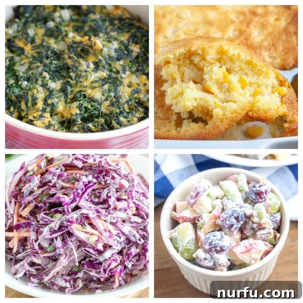 Pork Chop Sides: Your Guide to Perfect Pairings 2 Spinach casserole, corn casserole, slaw, and fruit salad. A vibrant array of side dishes for pork chops, featuring comfort foods and fresh produce.