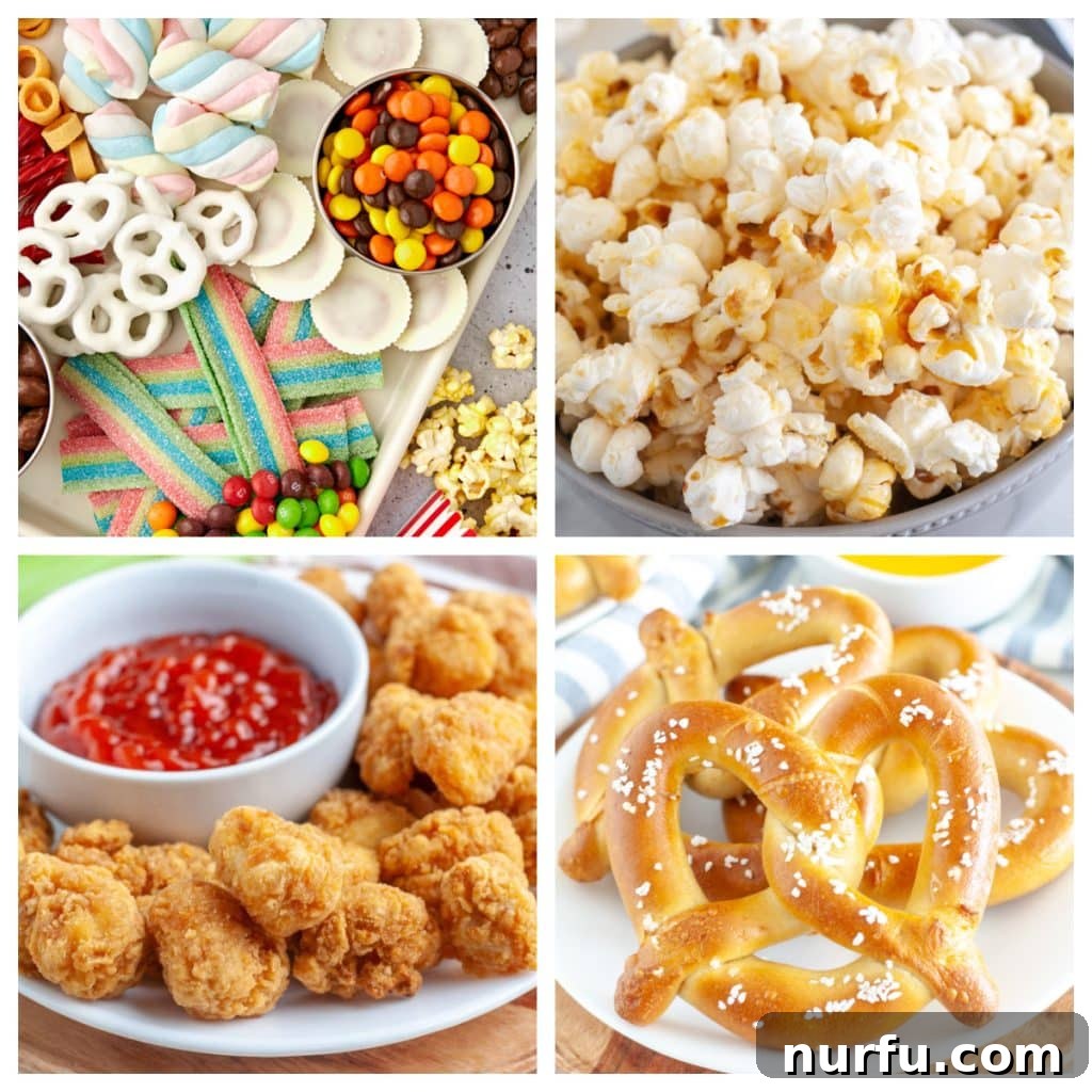 Cinema Snack Sensations 2 A vibrant spread of various movie snacks, including colorful candy, classic popcorn, crispy chicken nuggets, and a warm soft pretzel, laid out for an exciting movie night.