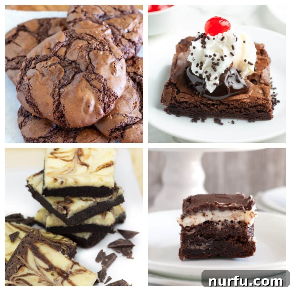 27 Genius Ways to Transform Your Brownie Mix 2 A collage featuring various delicious treats made from brownie mix, including chocolate cookies, a decadent brownie sundae, and classic fudgy brownies, showcasing the versatility and ease of these recipes.