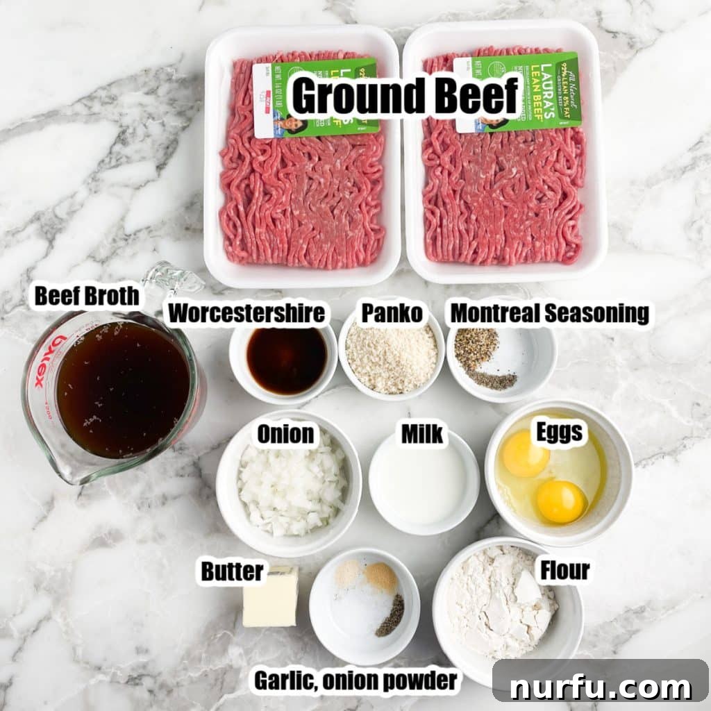 Collection of fresh ingredients for meatloaf and brown gravy, including ground beef, eggs, flour, seasonings, beef broth, and butter, laid out on a kitchen counter.