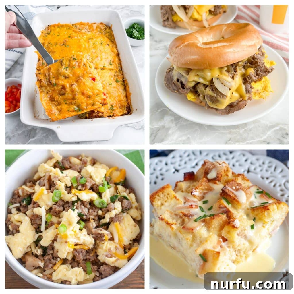 Brinner Bonanza: 31 Recipes for Anytime 2 A collection of breakfast for dinner ideas, including a savory breakfast casserole, a steak bagel sandwich, and a healthy egg and sausage bowl, all designed for delicious evening meals.