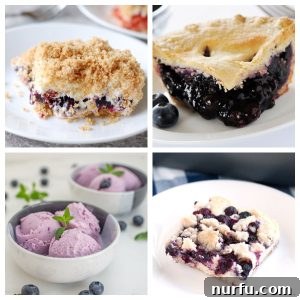 Blueberry Bliss: 31 Irresistible Desserts 3 Slice of blueberry pie, blueberry ice cream, and piece of blueberry buckle.