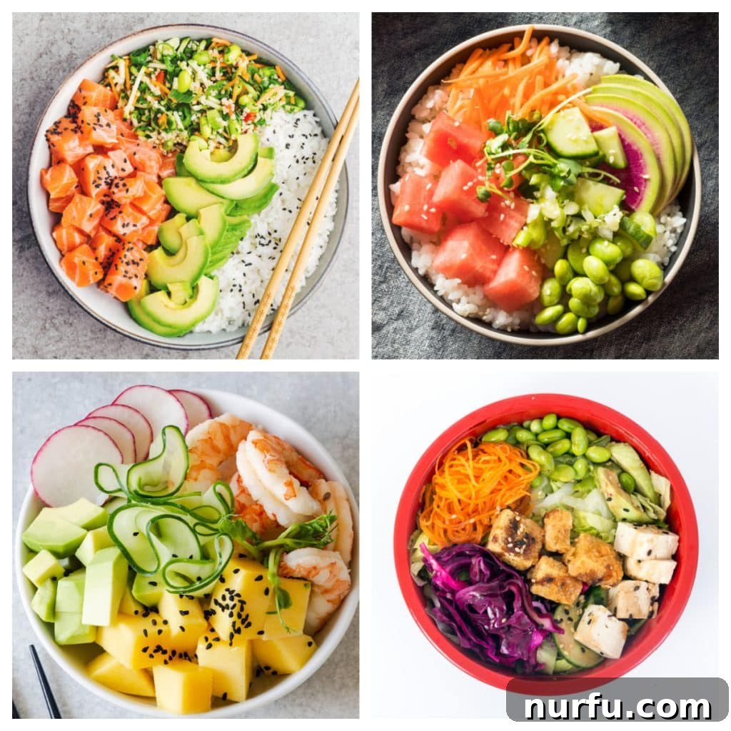 24 Unforgettable Poke Bowls to Explore 2 A colorful selection of poke bowls, including tuna, shrimp, and tofu variations.
