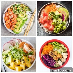 Tuna poke bowl, shrimp poke bowl, and tofu poke bowl.