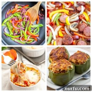 A collage of delicious dishes featuring green peppers, including sausage and peppers, a cheesy bake, and classic stuffed peppers. 