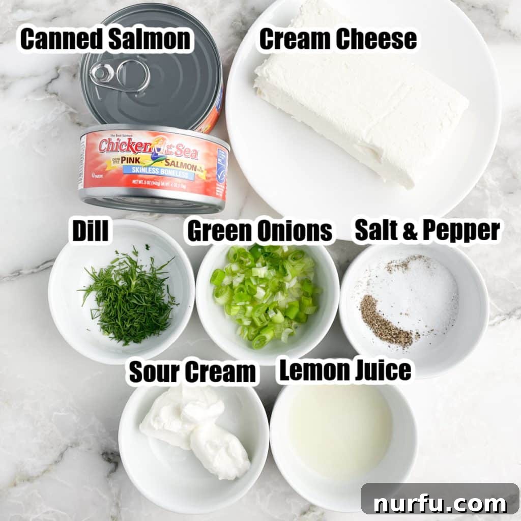 Canned salmon, bowl of cream cheese, fresh dill, green onions, sour cream, and lemon juice, laid out as ingredients for the dip.