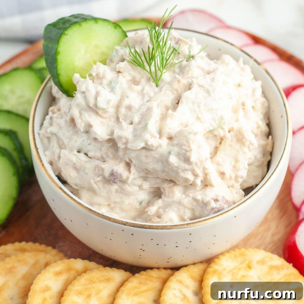 Bowl of salmon dip artfully arranged with sliced cucumbers, radish, and various crackers on a serving board.