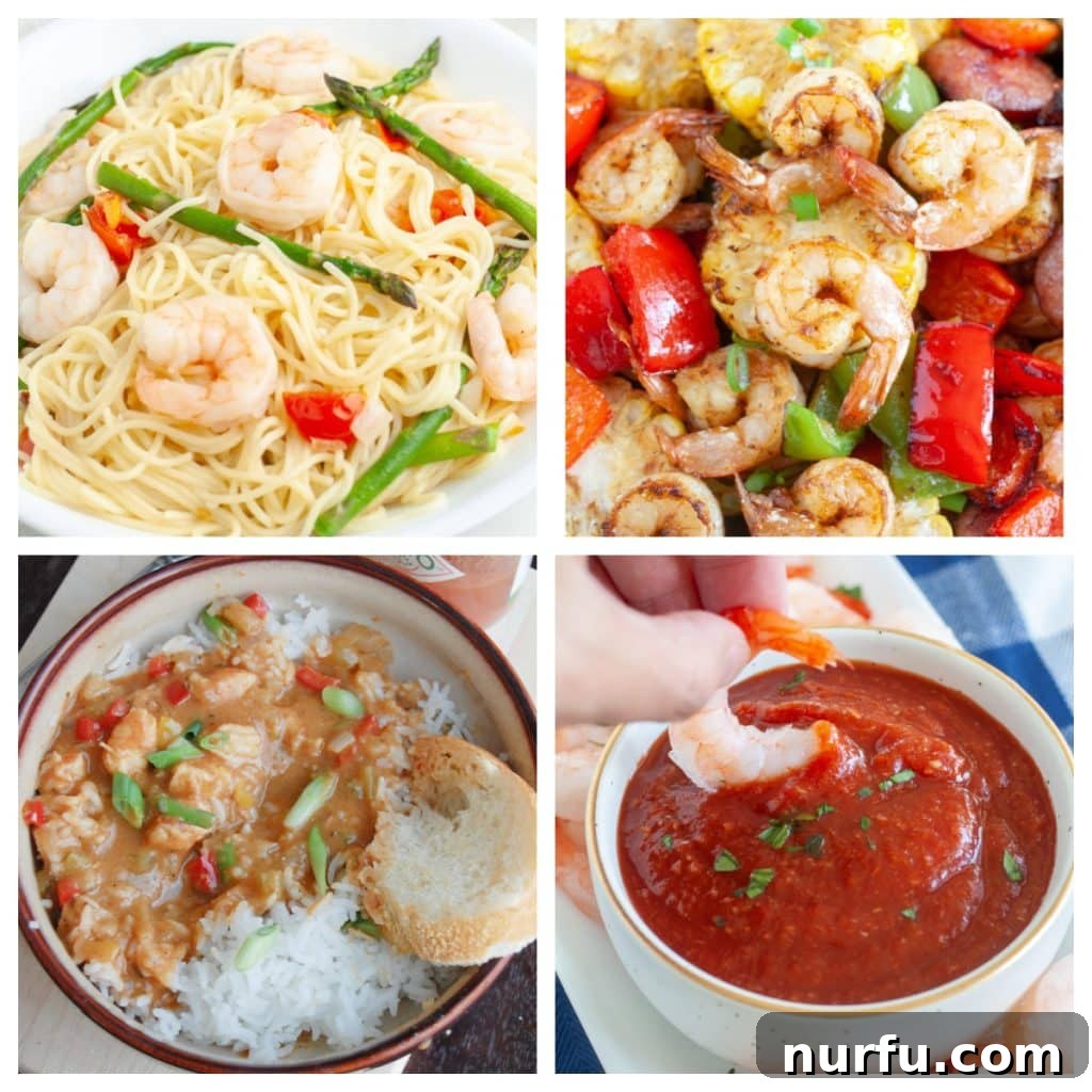 44 Ultimate Shrimp Recipes 2 A delicious group of various shrimp recipes including classic shrimp scampi, hearty shrimp etouffee, refreshing shrimp cocktail, and vibrant shrimp with vegetables.