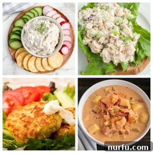Salmon dip, salmon salad, salmon cake, salmon chowder.