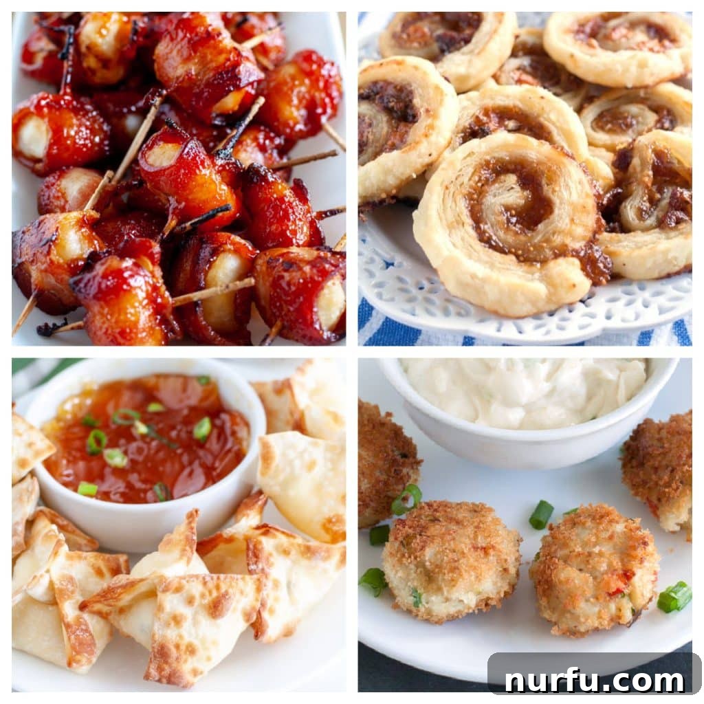 36 Perfect Party Appetizers 2 A vibrant selection of hors d'oeuvres including bacon-wrapped water chestnuts, savory pinwheels, crispy wontons, and delicate crab cakes, arranged for a party spread.