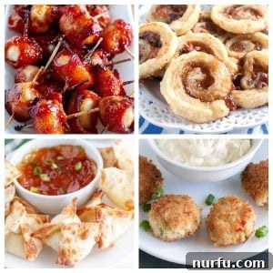 36 Perfect Party Appetizers 3 Bacon wrapped water chestnuts, pinwheel, wontons, crab cakes.
